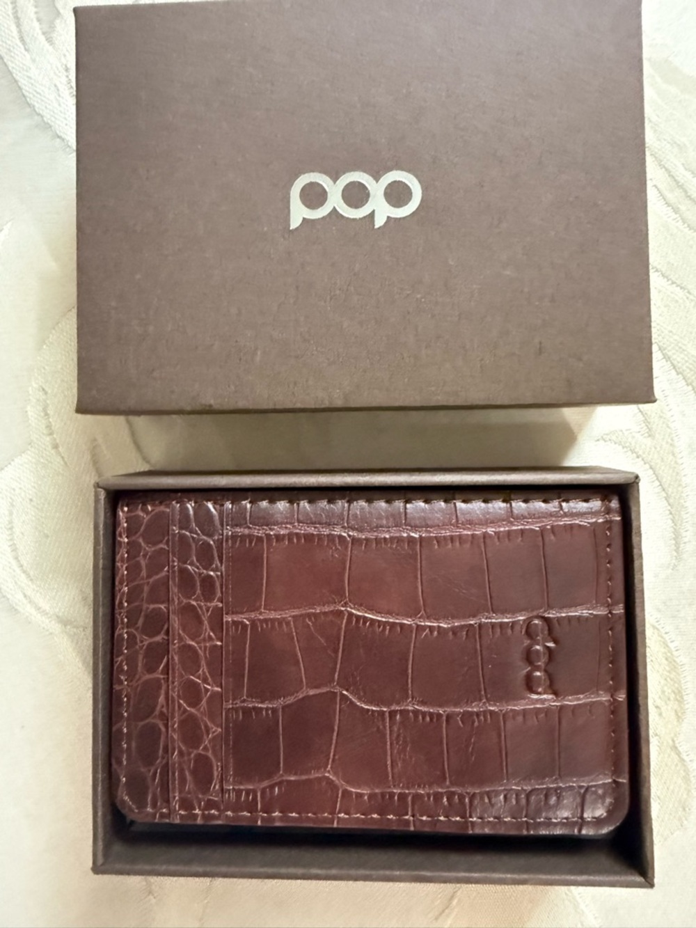 Pop Up Wallet Brown Croc Embossed RFID Card Holder Slim w Box